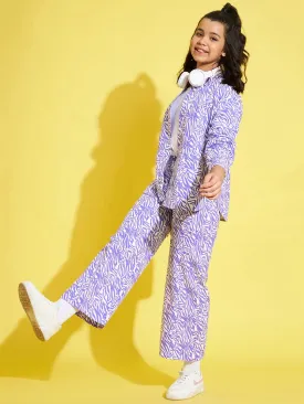 Girls Lavender & White Twill Abstract Waves Straight Pants - Lyush Kids