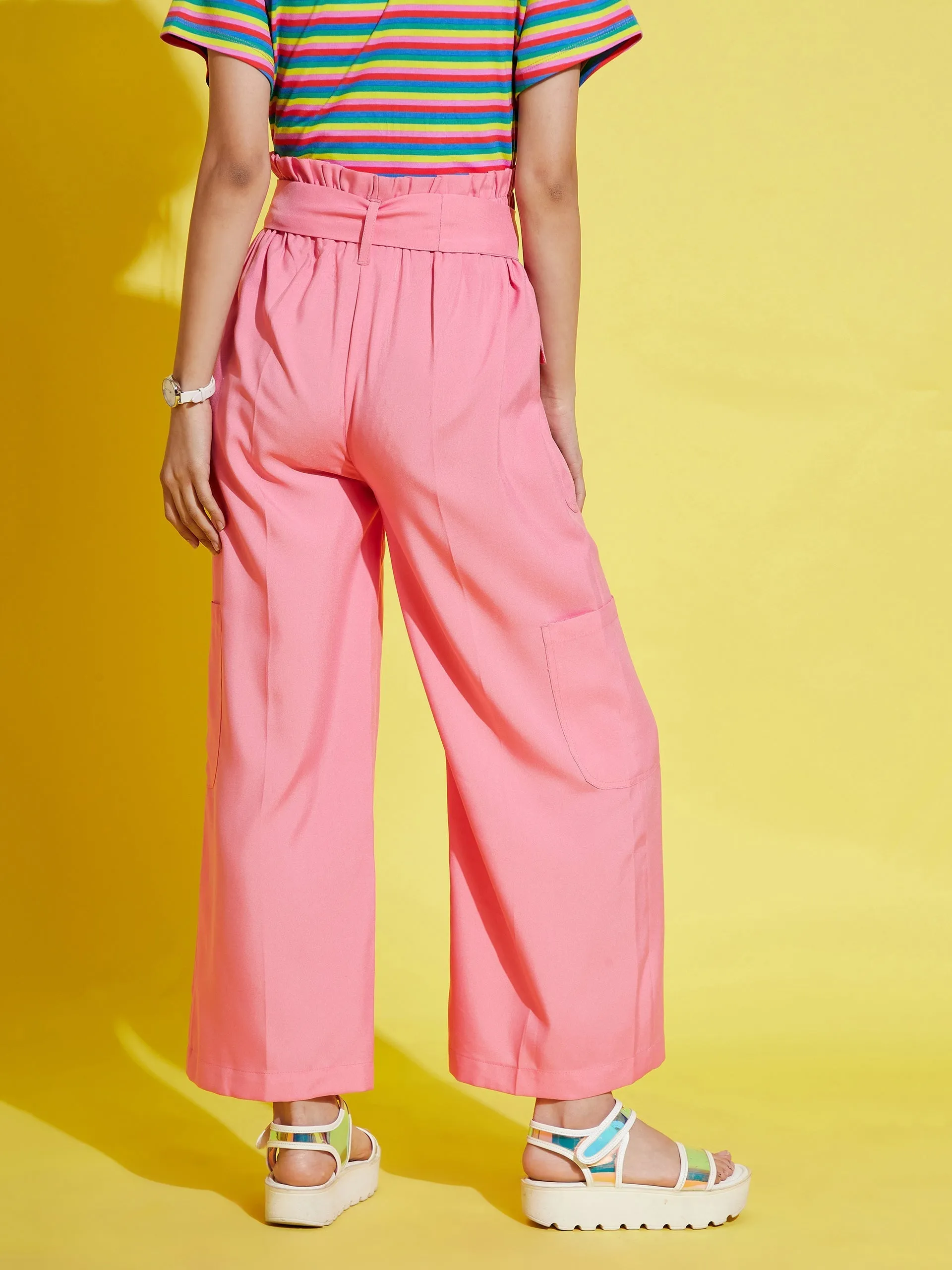 Girls Pink Paper Bag Multi Pocket Pants