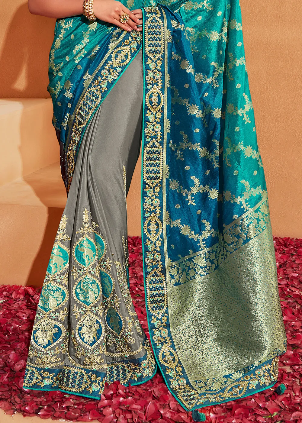 Grey & Blue Half N Half Heavy Embroidered Banarasi Silk Saree