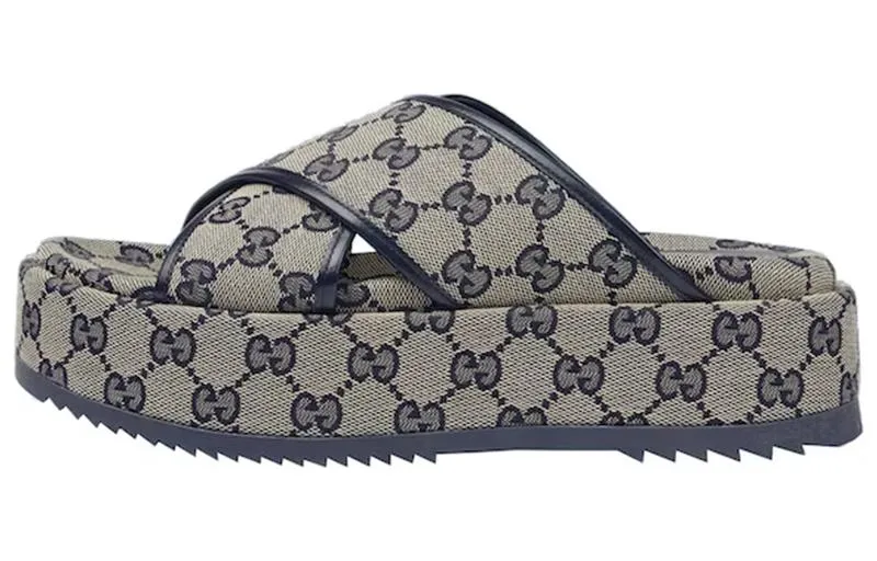 Gucci GG 30mm Platform Sandals Blue Canvas Shoes