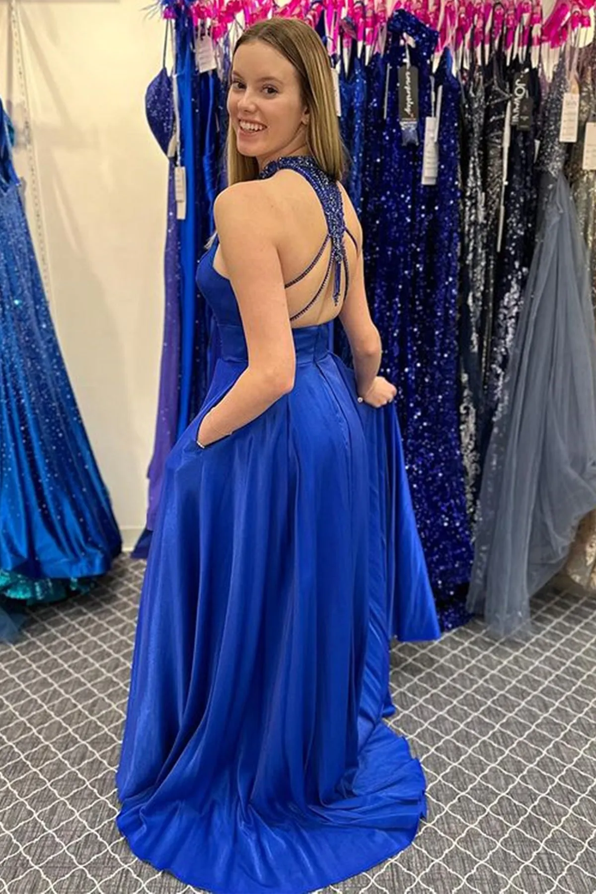 Halter Neck Beaded Royal Blue Satin Long Prom Dress, Royal Blue Formal Graduation Evening Dress A1778