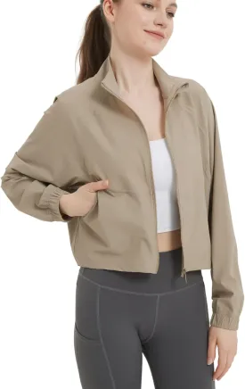 happlan Women's UPF 50  Sun Protection Athletic Running Gym Yoga Long Sleeve Cropped Zip Up Workout Shirt Track Jacket