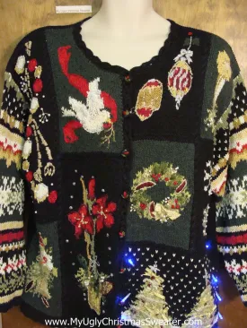 Horrible Tree, Poinsettias and Bird Tacky Xmas Sweater with Lights