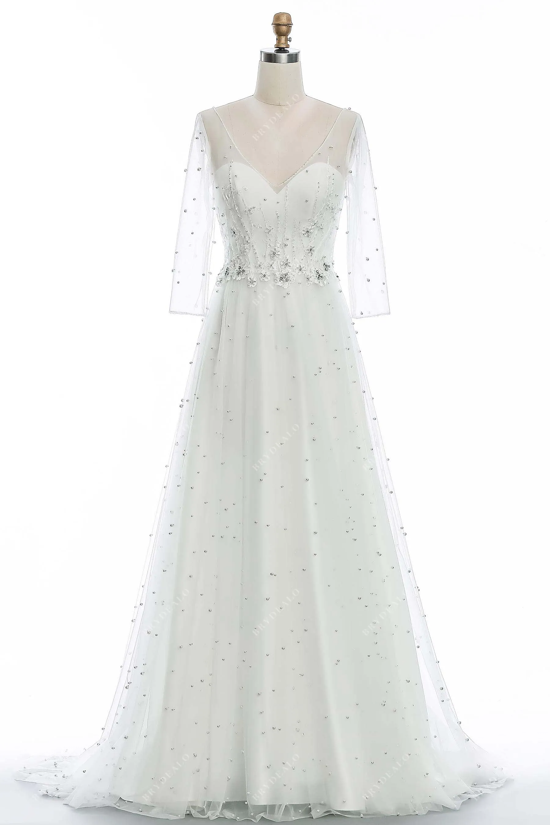 Illusion 3/4 Sleeve Elegant Allover Pearls Lace Wedding Dress