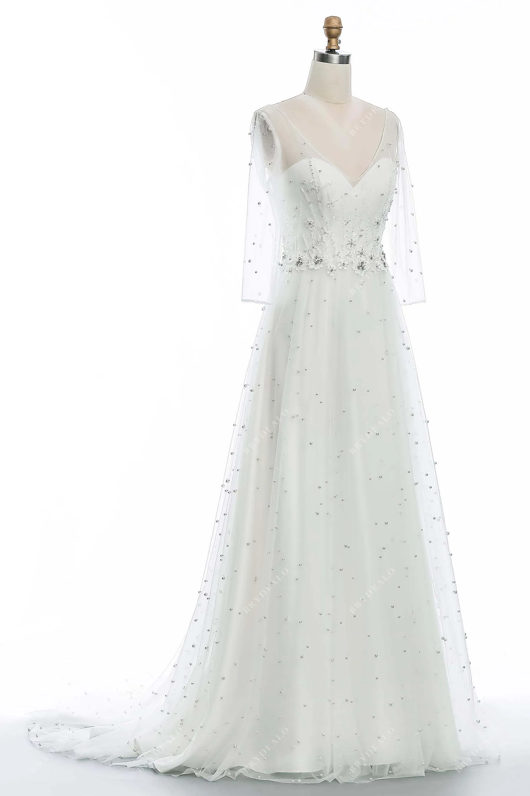 Illusion 3/4 Sleeve Elegant Allover Pearls Lace Wedding Dress