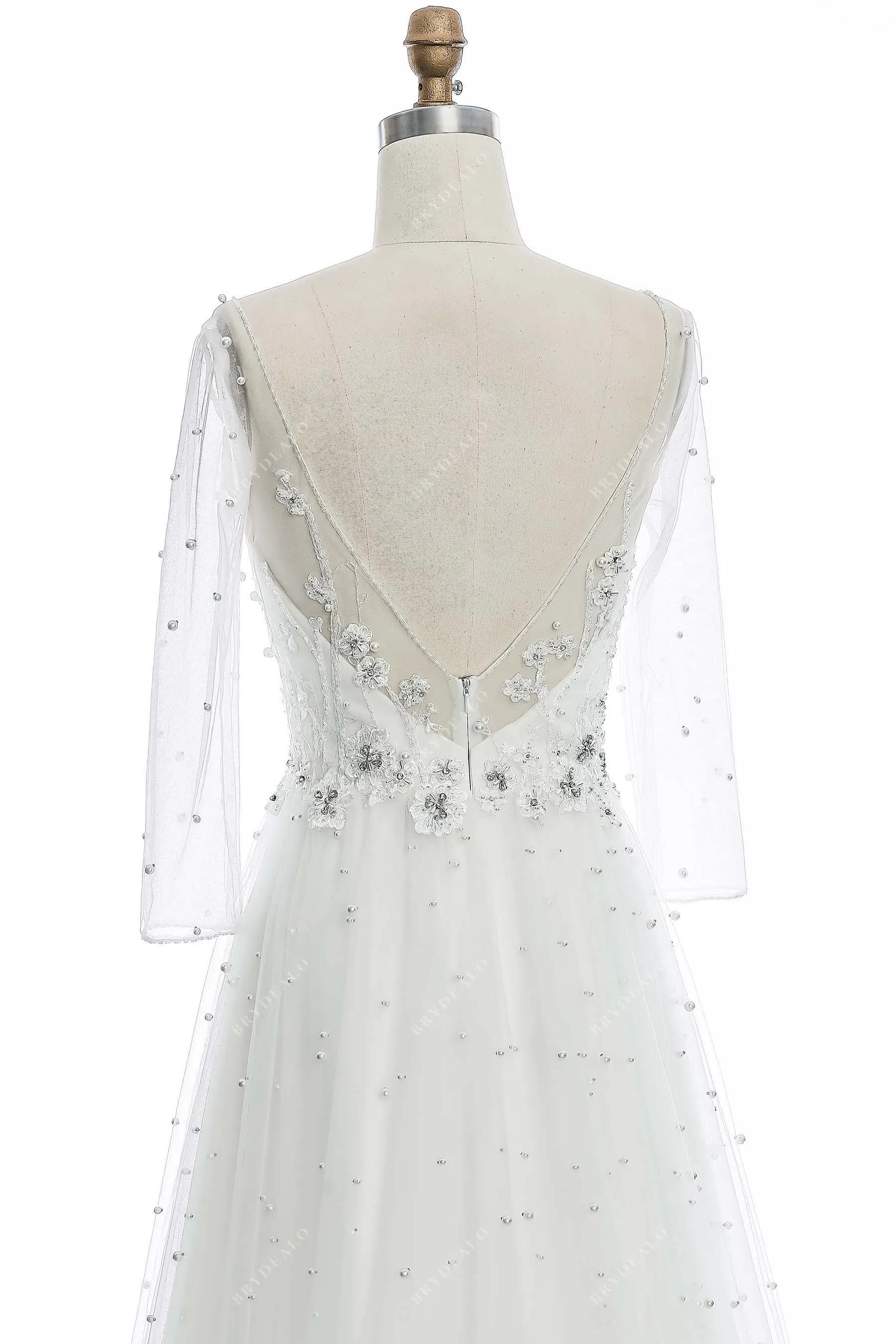 Illusion 3/4 Sleeve Elegant Allover Pearls Lace Wedding Dress