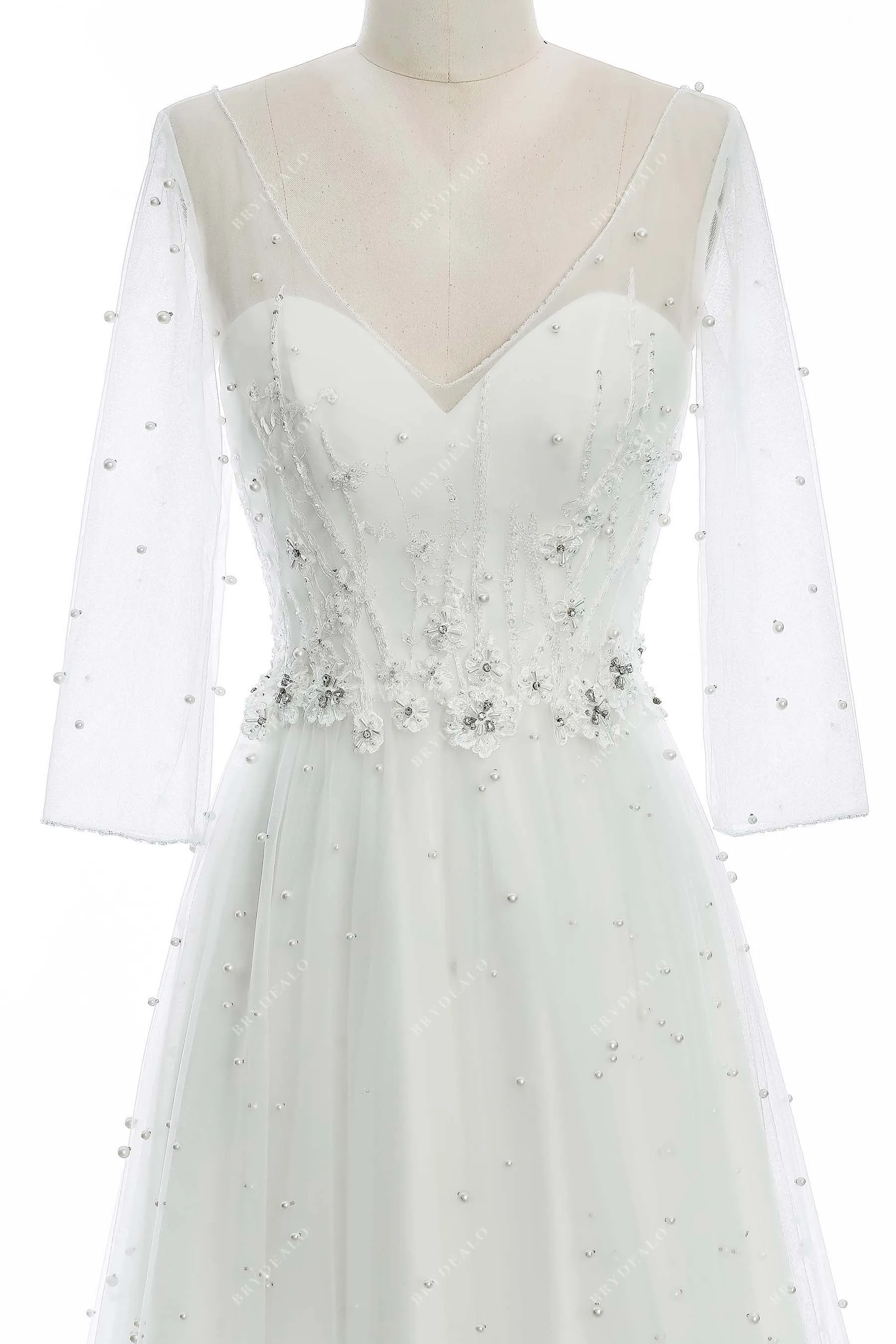 Illusion 3/4 Sleeve Elegant Allover Pearls Lace Wedding Dress