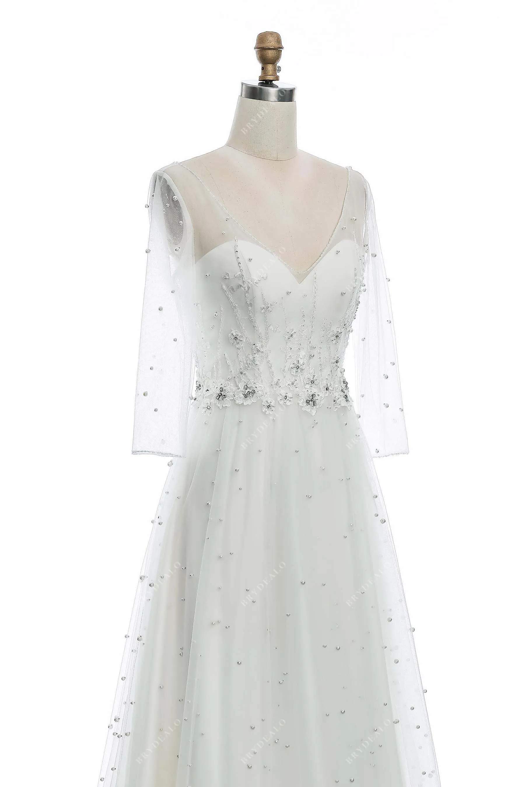 Illusion 3/4 Sleeve Elegant Allover Pearls Lace Wedding Dress