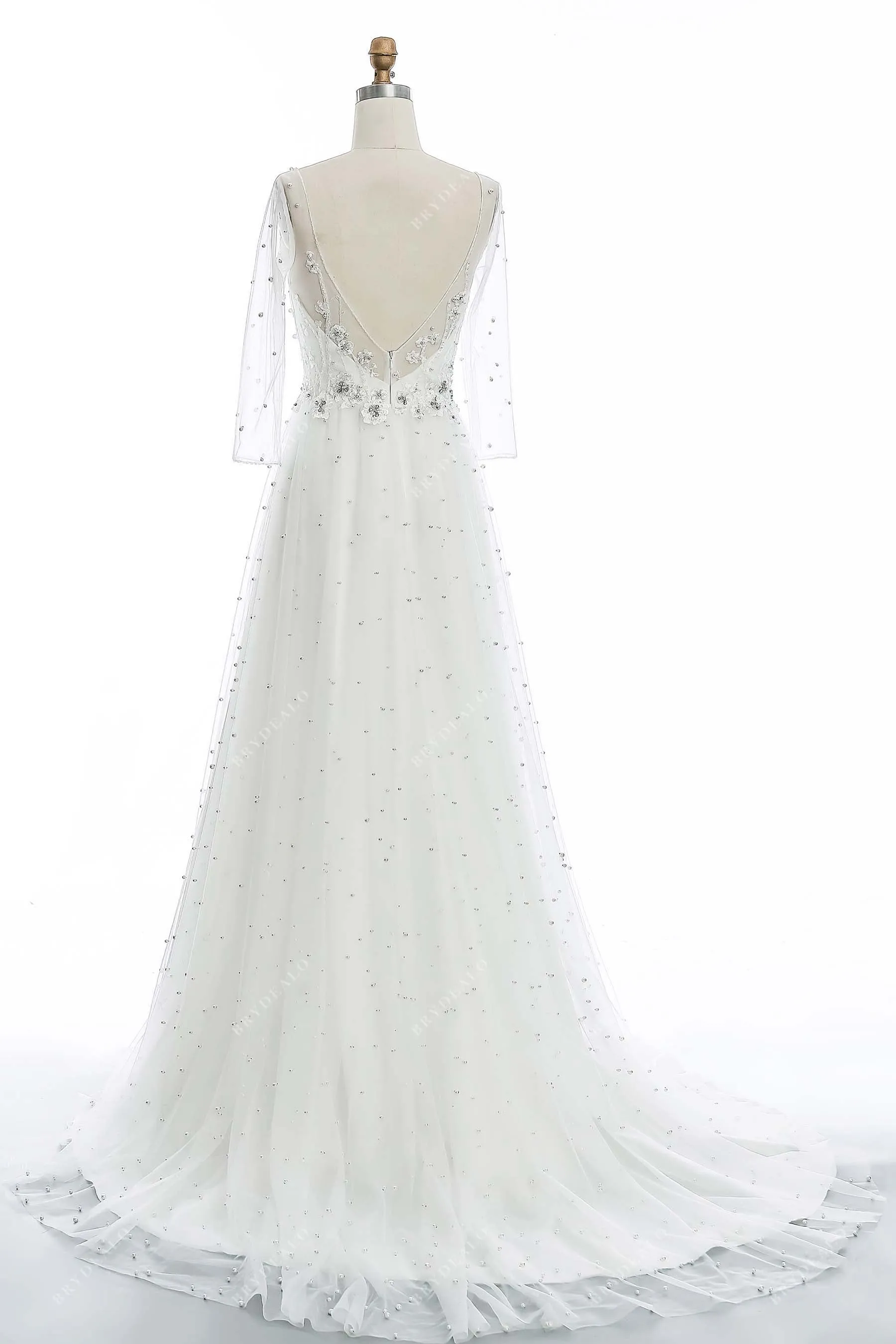 Illusion 3/4 Sleeve Elegant Allover Pearls Lace Wedding Dress