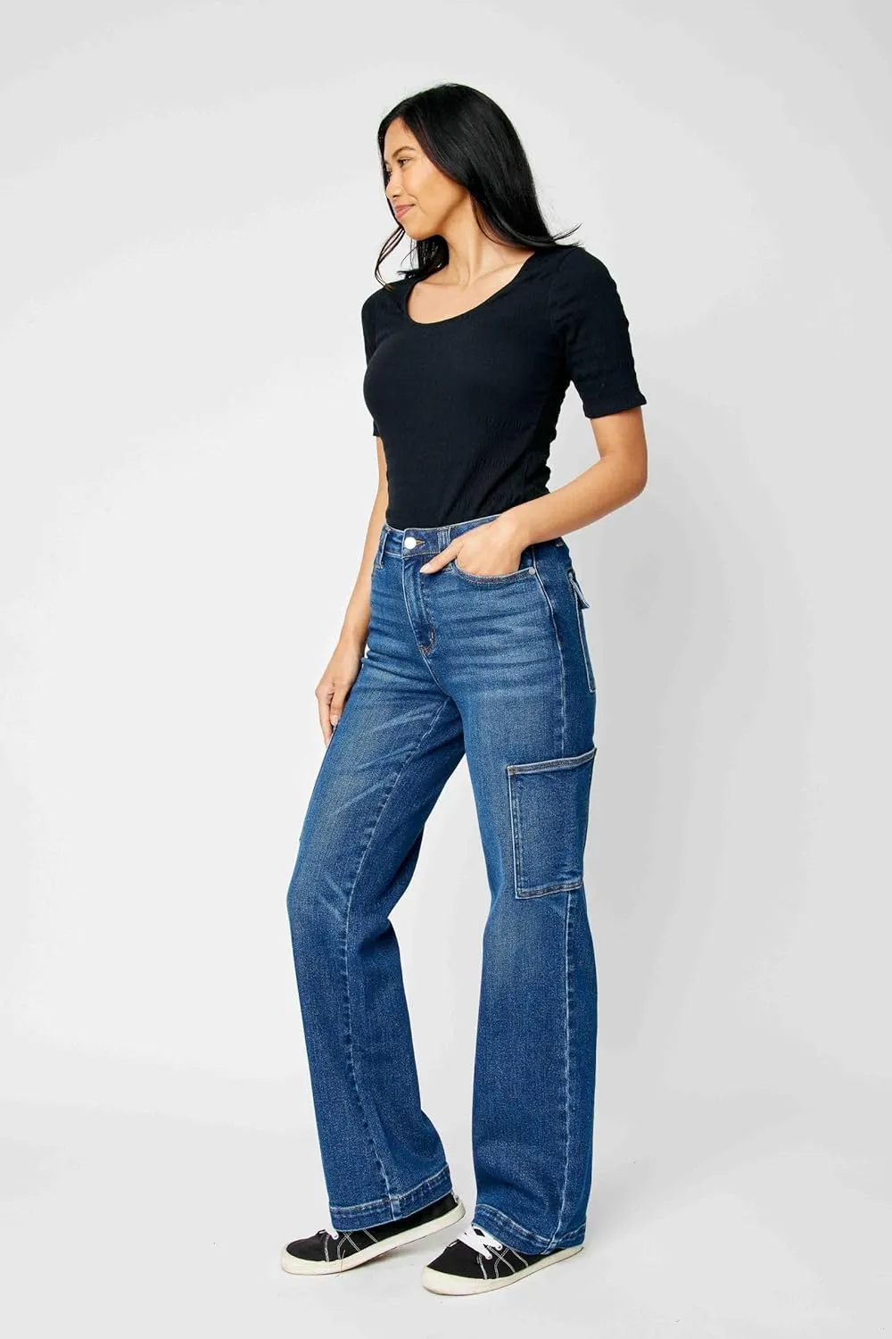 Judy Blue Women's High Waisted Wide Leg Cargo Pocket Jeans