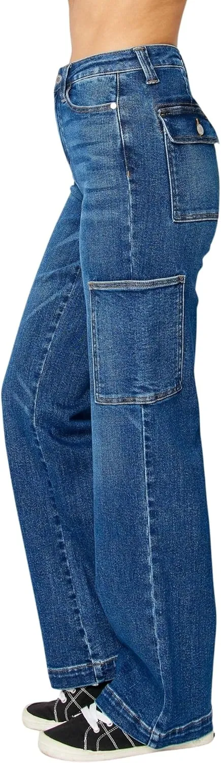 Judy Blue Women's High Waisted Wide Leg Cargo Pocket Jeans