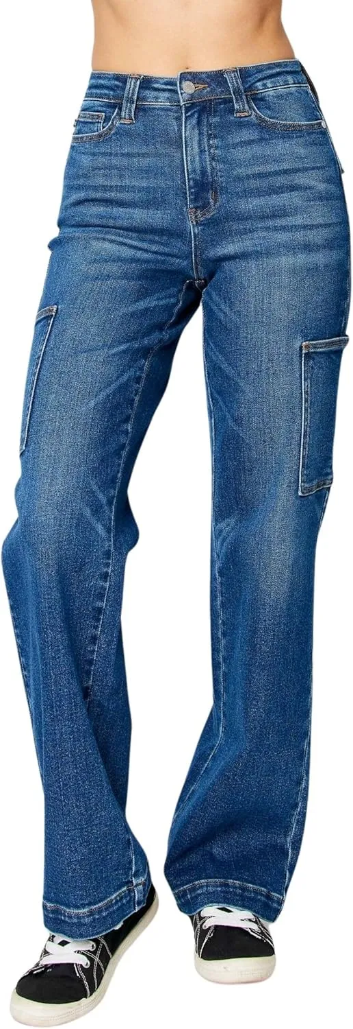 Judy Blue Women's High Waisted Wide Leg Cargo Pocket Jeans