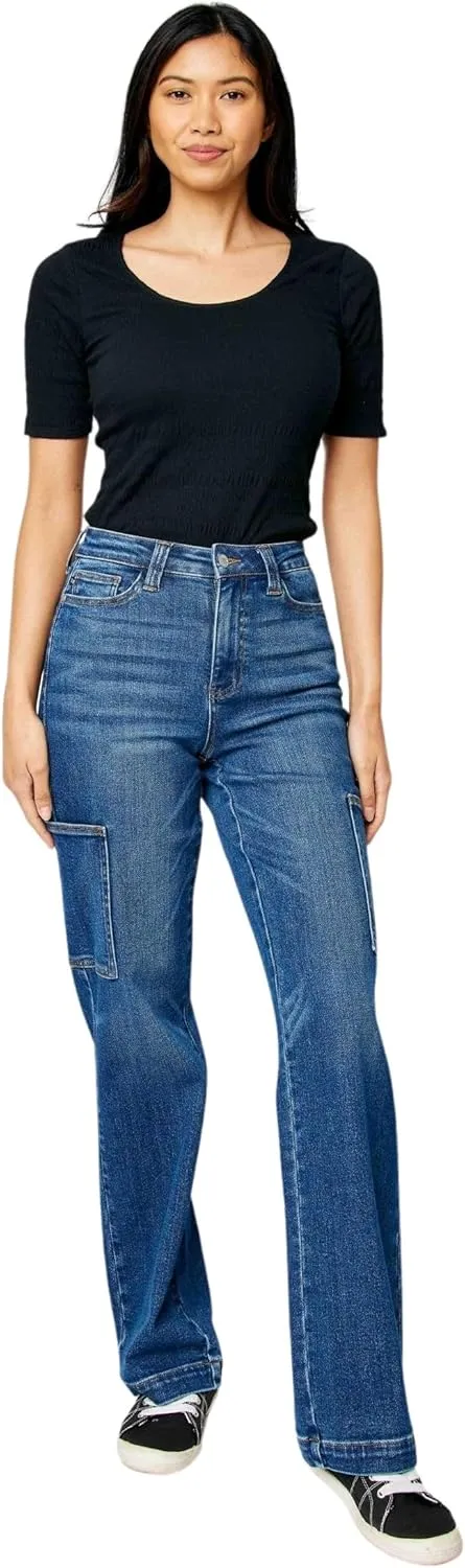 Judy Blue Women's High Waisted Wide Leg Cargo Pocket Jeans