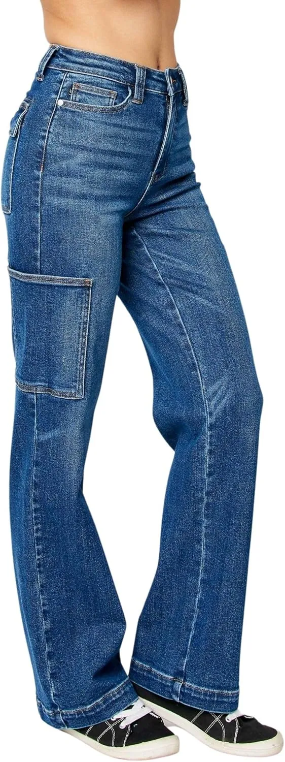 Judy Blue Women's High Waisted Wide Leg Cargo Pocket Jeans