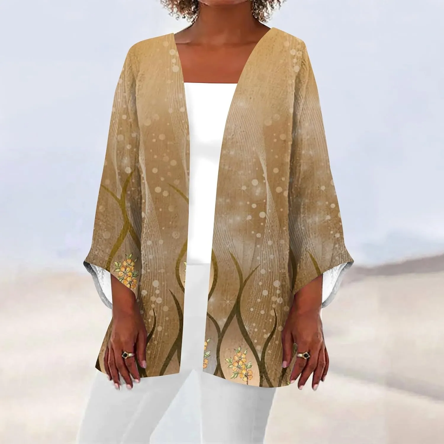 Kimonos for Women Plus Size Lightweight Floral Printed Tops Dressy Casual 3/4 Sleeve Summer Cardigan