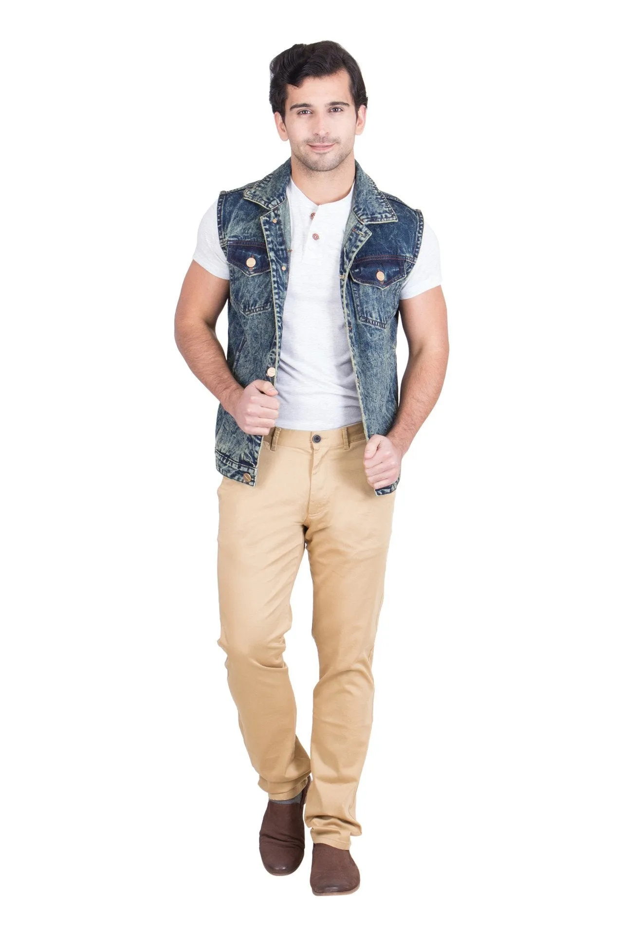 Krossstitch Sleeveless Green Cloud Wash Men's Denim Jacket with Brass Button