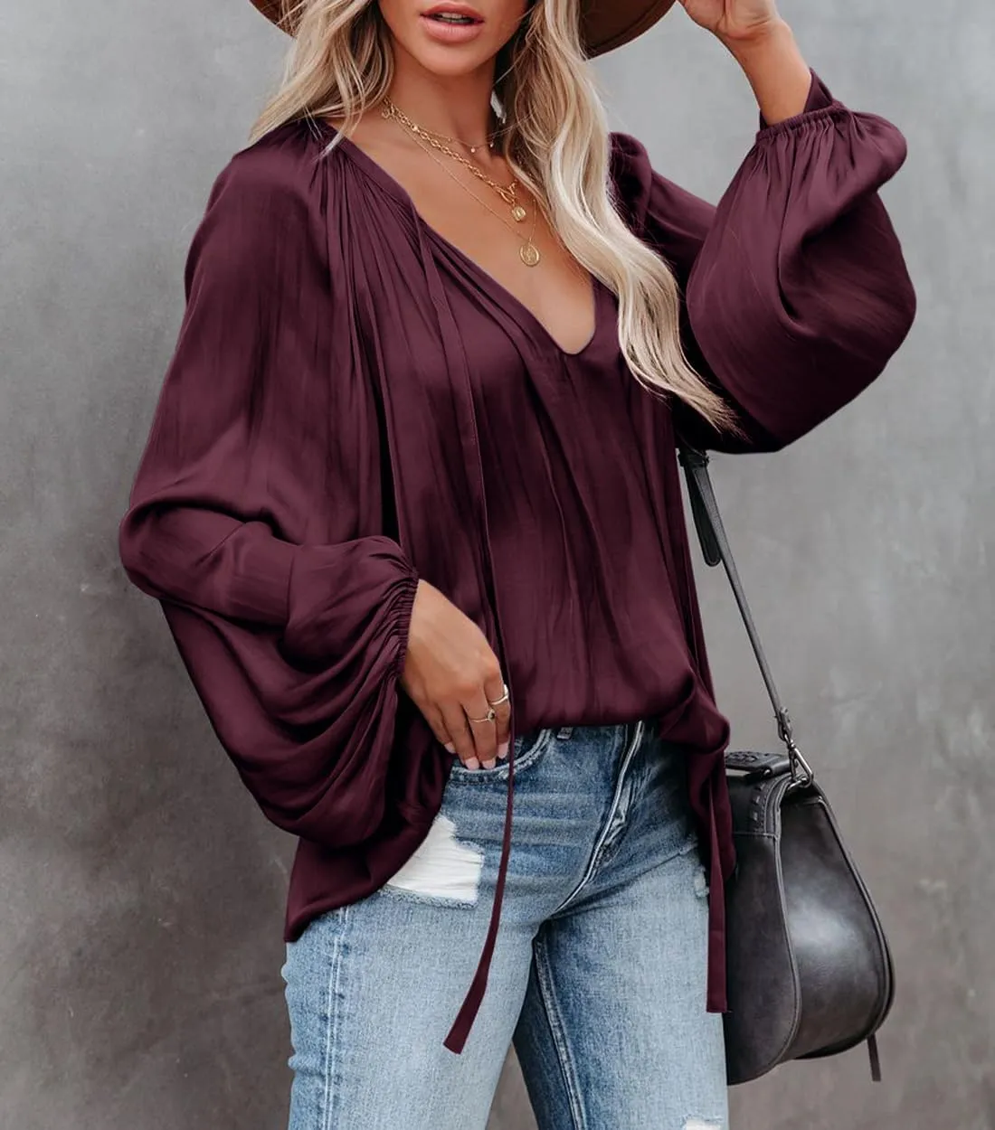 LAMISSCHE Womens Sexy Deep V Neck Blouse Lantern Long Sleeve Chiffon Shirt Oversized Drawstring Silk Satin Tunic