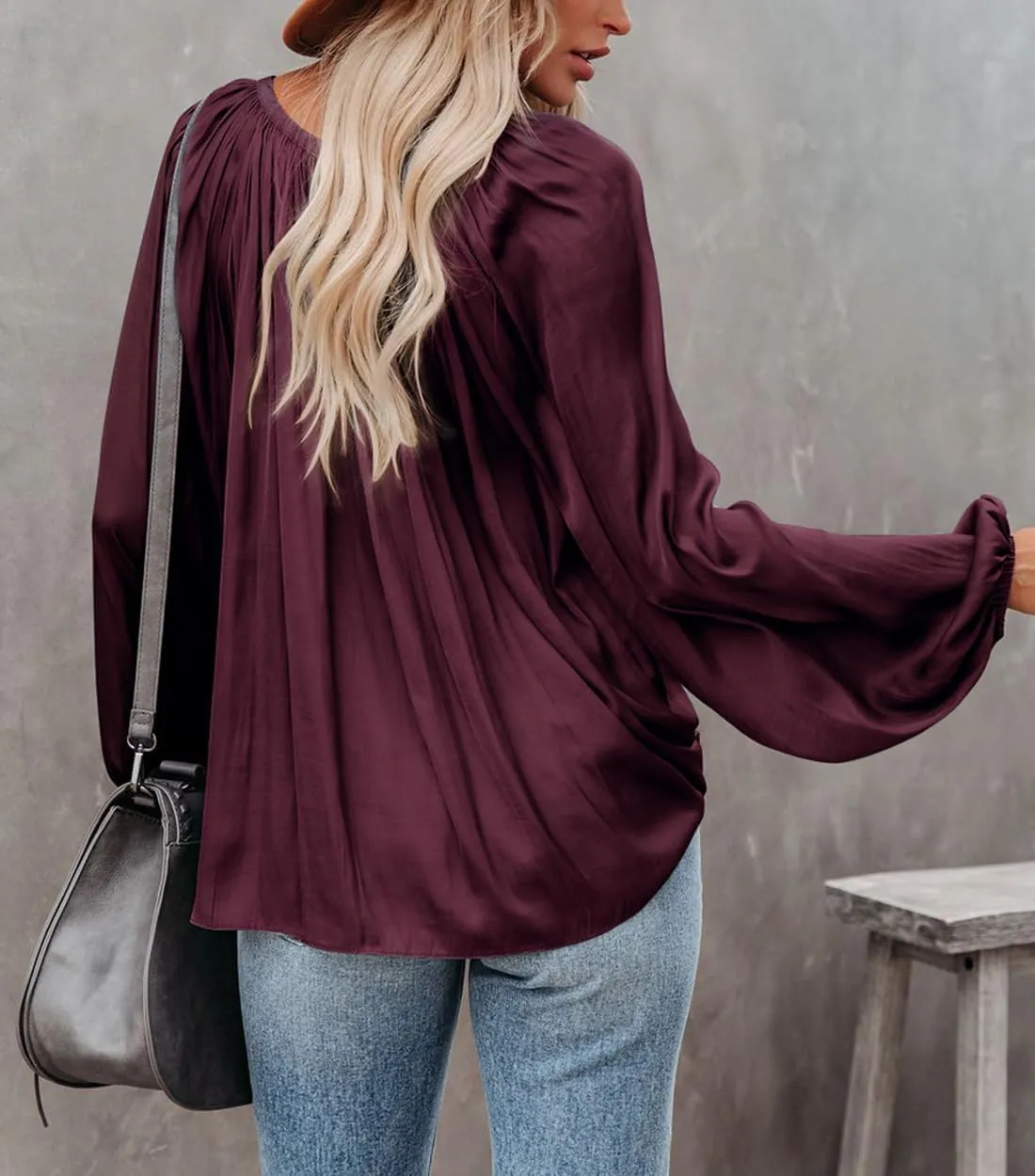 LAMISSCHE Womens Sexy Deep V Neck Blouse Lantern Long Sleeve Chiffon Shirt Oversized Drawstring Silk Satin Tunic