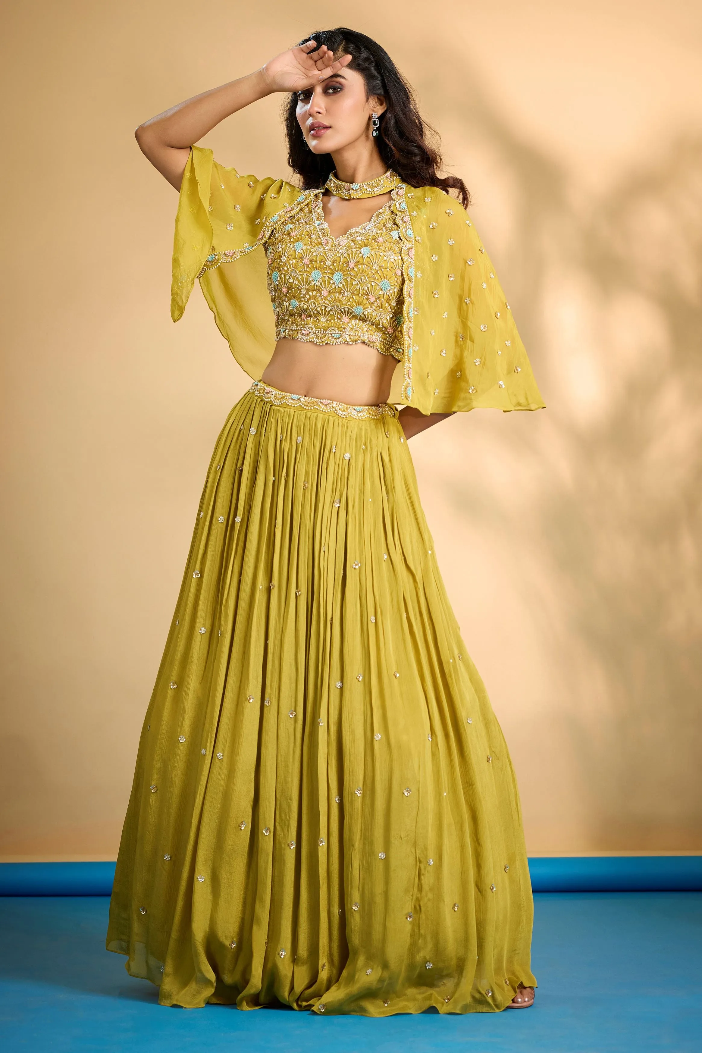 Lemon Yellow Embellished Chinon Silk Cape-Skirt Set