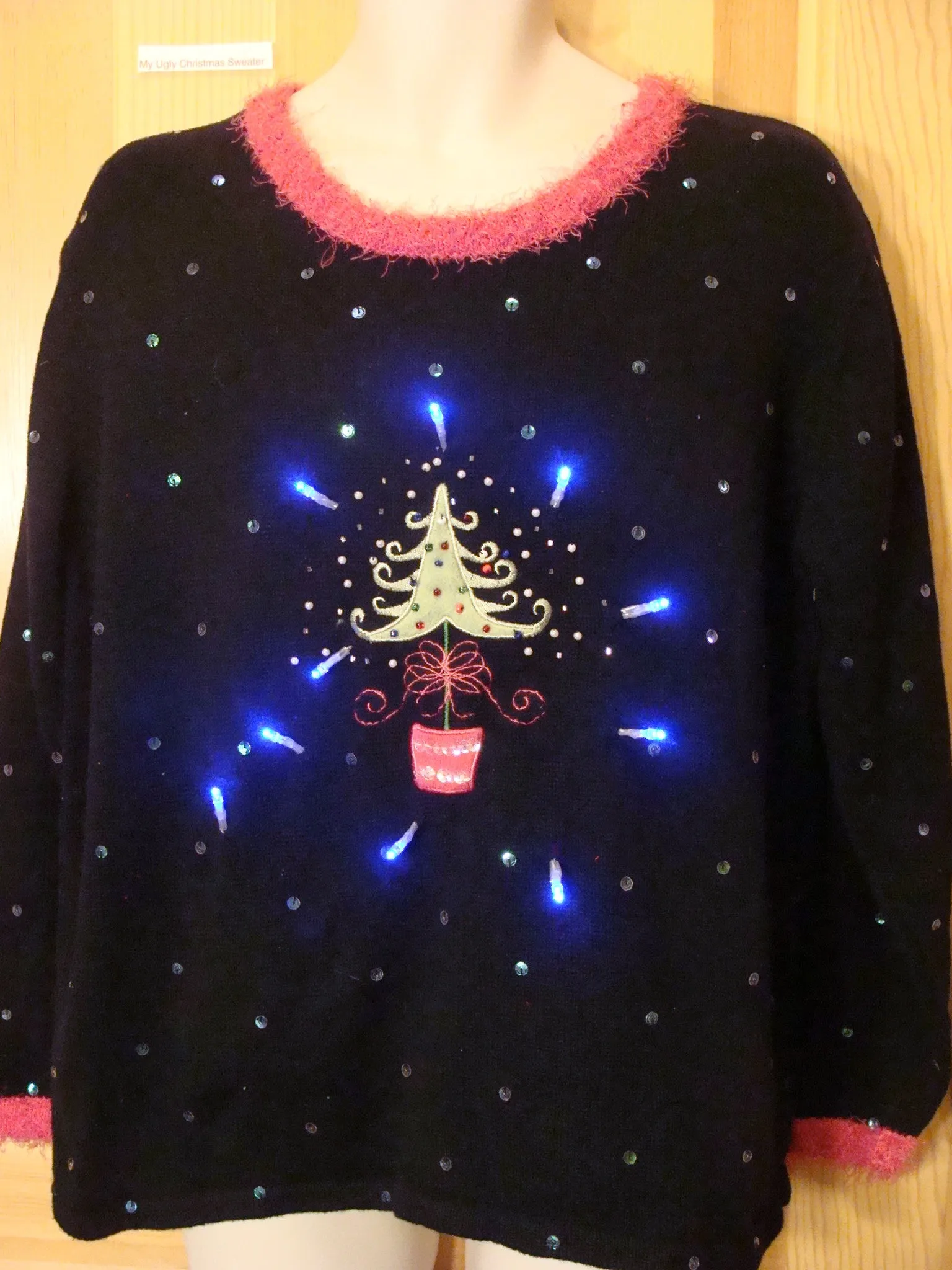 Light Up Ugly Xmas Sweater Pink Trim and Tree