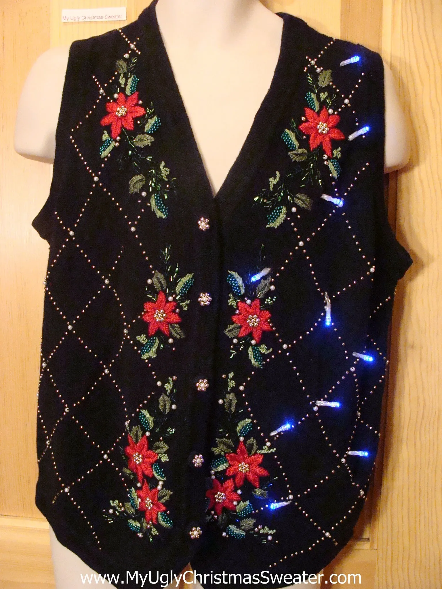 Light Up Ugly Xmas Sweater Vest with Red Poinsettias