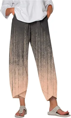Linen Pants for Women Printed Wide Leg Loose Fit Casual Summer Vacation Flowy Palazzo Pants Cropped Beach Trousers