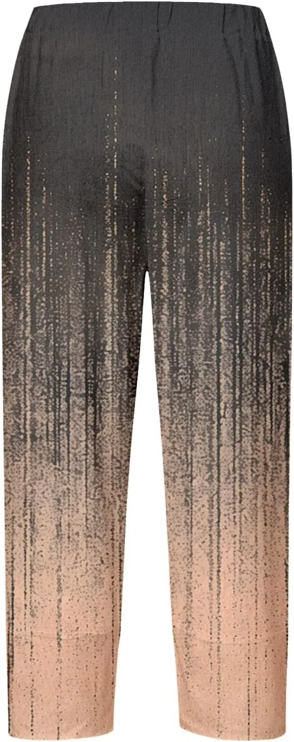 Linen Pants for Women Printed Wide Leg Loose Fit Casual Summer Vacation Flowy Palazzo Pants Cropped Beach Trousers
