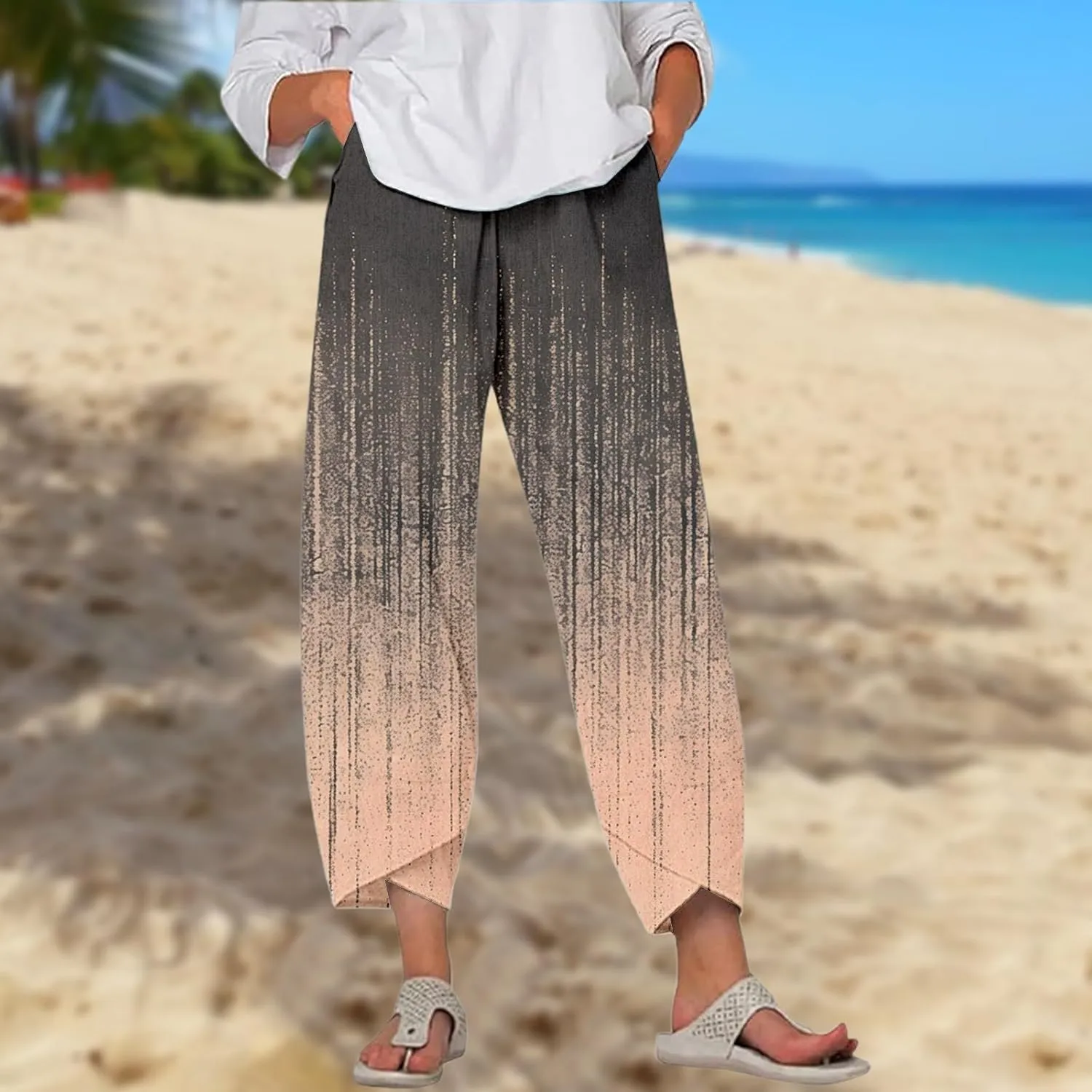 Linen Pants for Women Printed Wide Leg Loose Fit Casual Summer Vacation Flowy Palazzo Pants Cropped Beach Trousers