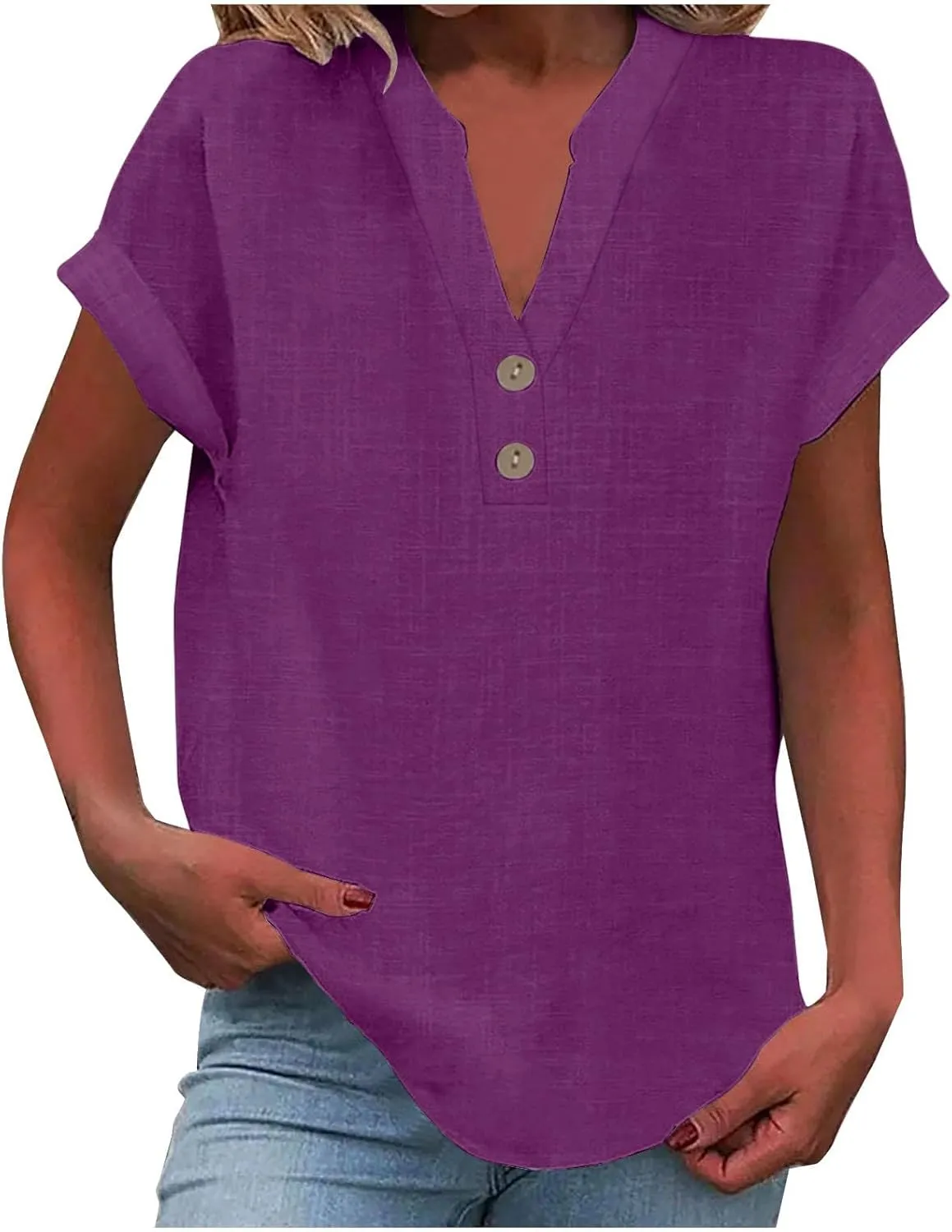 Linen Shirts for Women Cotton Button Up Shirt Short Sleeve Roll Up Loose Fit V-Neck Summer Casual Work Blouse Tops