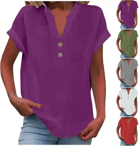 Linen Shirts for Women Cotton Button Up Shirt Short Sleeve Roll Up Loose Fit V-Neck Summer Casual Work Blouse Tops