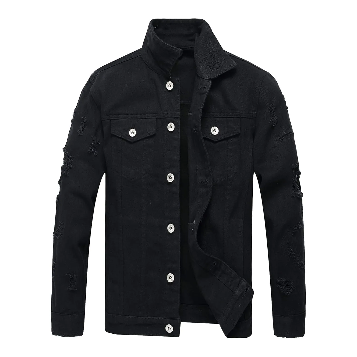 Maiyifu-GJ Jean Jacket for Men Distressed Button Down Denim Jacket Casual Slim Fit Ripped Jean Coat with Holes (Black,3X-Large)