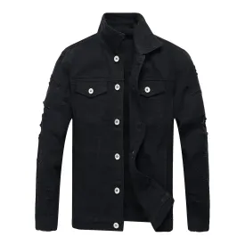 Maiyifu-GJ Jean Jacket for Men Distressed Button Down Denim Jacket Casual Slim Fit Ripped Jean Coat with Holes (Black,3X-Large)