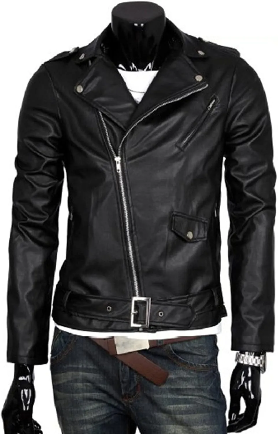 Maiyifu-GJ Men Faux Leather Motorcycle Jacket Retro Notched Lapel Pu Biker Coat Asymmetric Zipper Slim Outwear Overcoat (Black,X-Large)