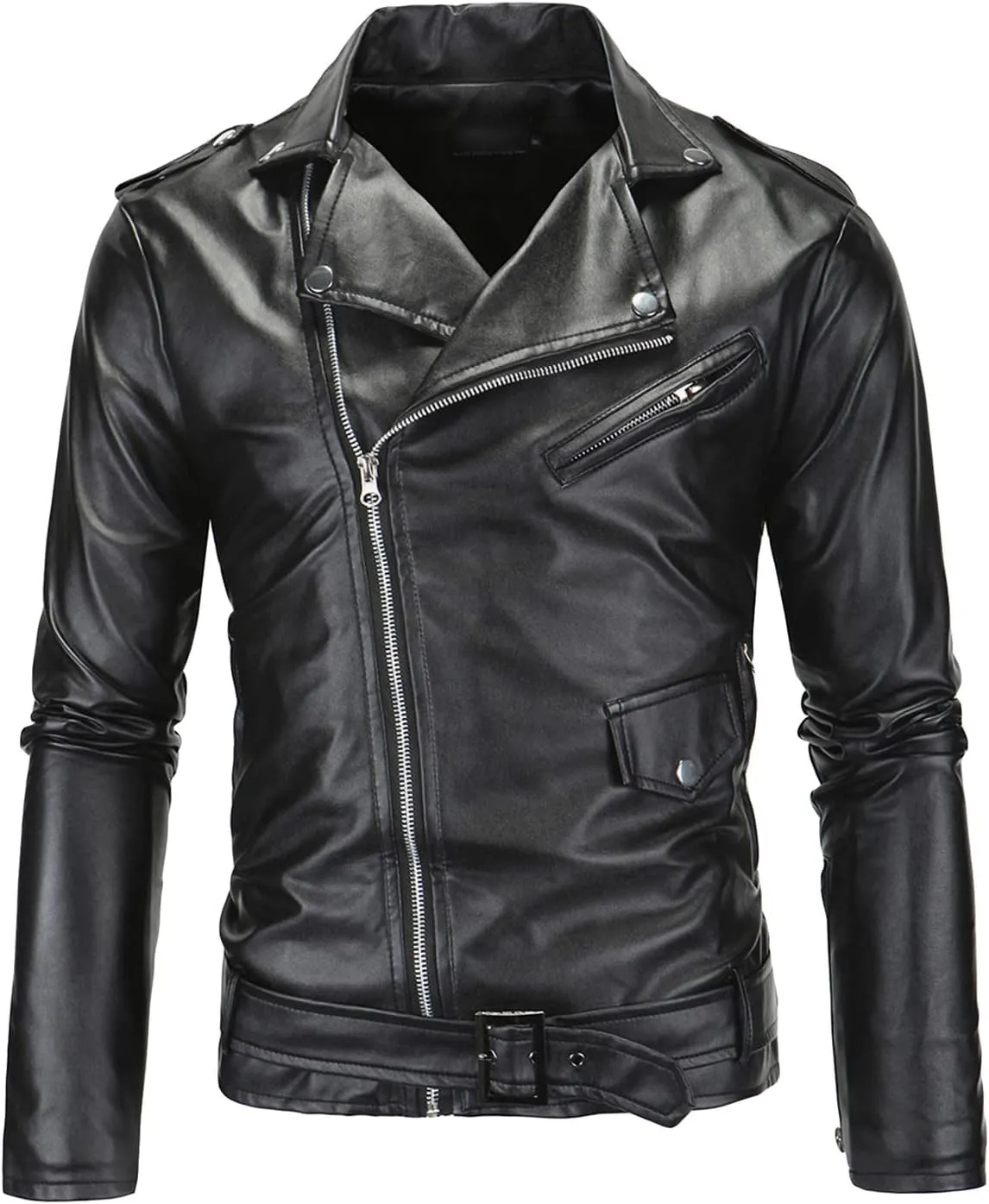 Maiyifu-GJ Men Faux Leather Motorcycle Jacket Retro Notched Lapel Pu Biker Coat Asymmetric Zipper Slim Outwear Overcoat (Black,X-Large)