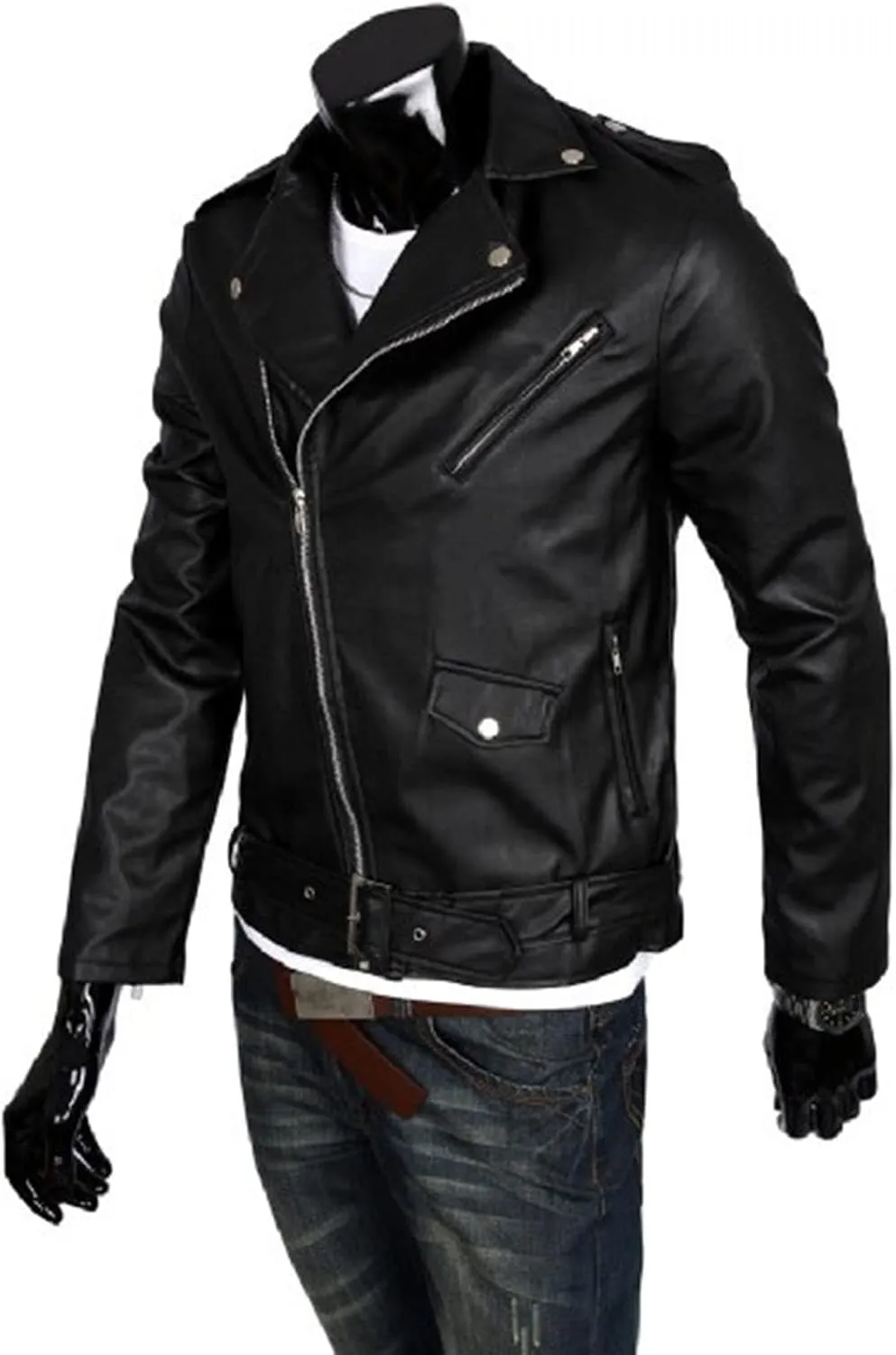 Maiyifu-GJ Men Faux Leather Motorcycle Jacket Retro Notched Lapel Pu Biker Coat Asymmetric Zipper Slim Outwear Overcoat (Black,X-Large)