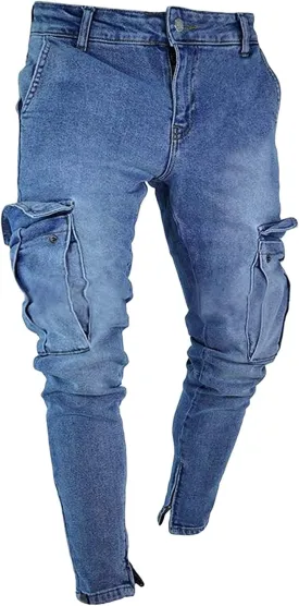 Men's Casual Hip Hop Jeans Side Pocket Slim Fit Pencil Jean Pants Fashion Skinny Cargo Pockets Denim Trousers
