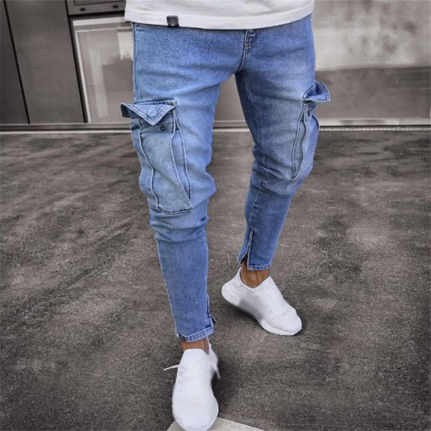 Men's Casual Hip Hop Jeans Side Pocket Slim Fit Pencil Jean Pants Fashion Skinny Cargo Pockets Denim Trousers