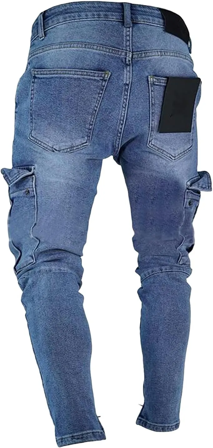 Men's Casual Hip Hop Jeans Side Pocket Slim Fit Pencil Jean Pants Fashion Skinny Cargo Pockets Denim Trousers