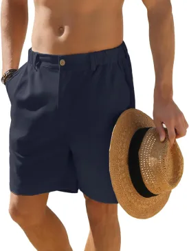 Men's Cotton Linen Shorts Casual Button Elastic Waist Summer Beach Vacation Shorts with Multi-Pocket