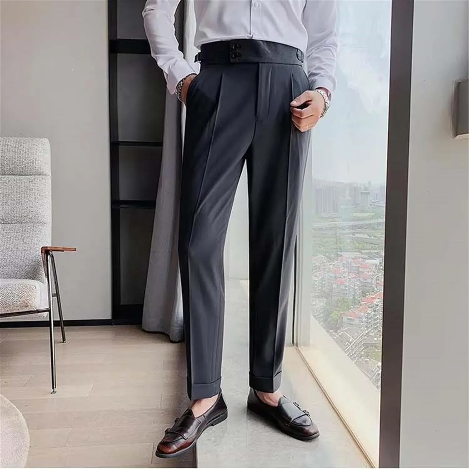 Men's Slim-Fitting High-Waisted Business Pants Lightweight Soft Straight Dress Pants Trendy Casual Versatile Trousers