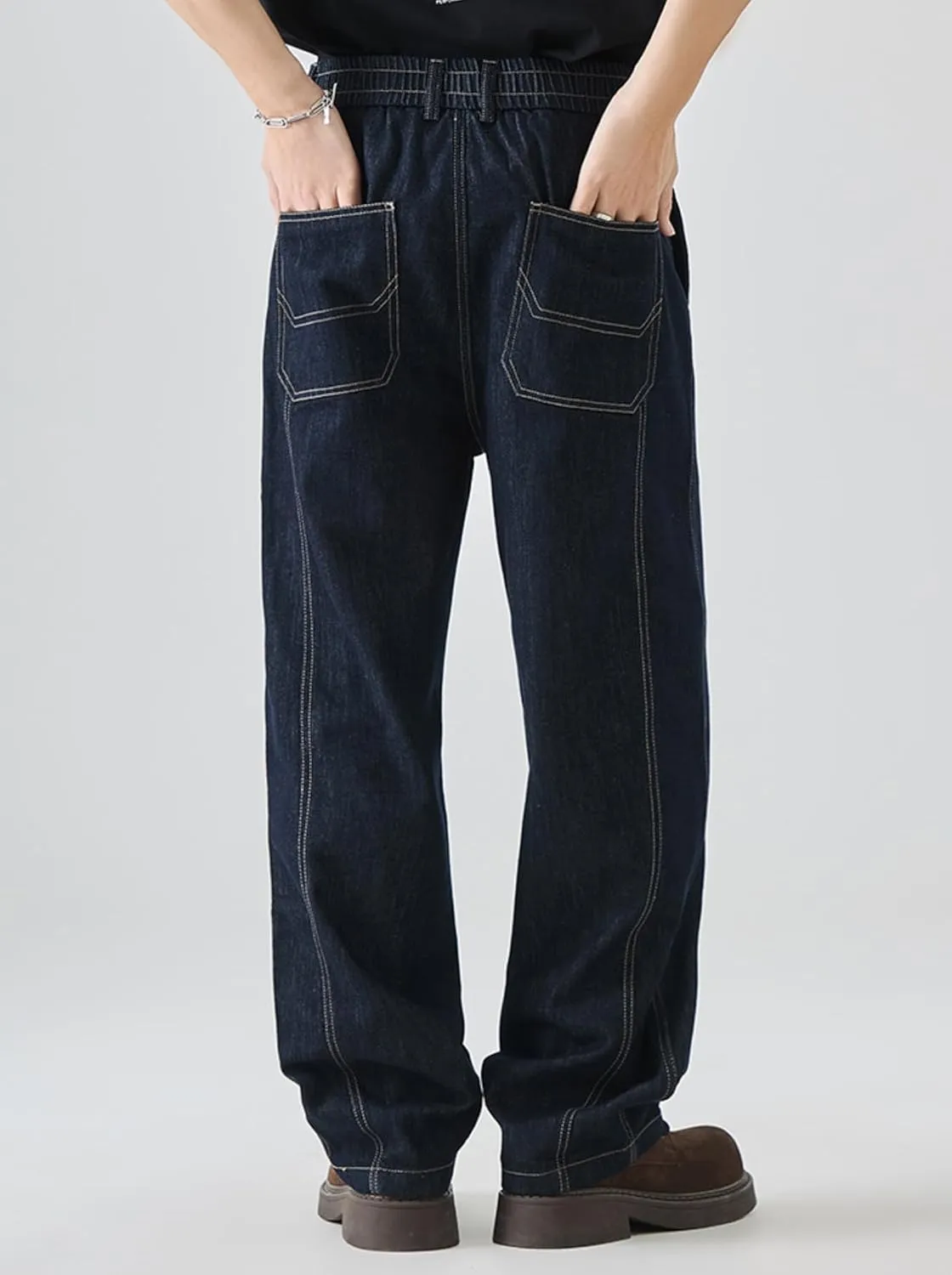 Men's Straight Jeans Casual Loose Wide Leg Vintage Fashion Relaxed Long Denim Pants with Pockets