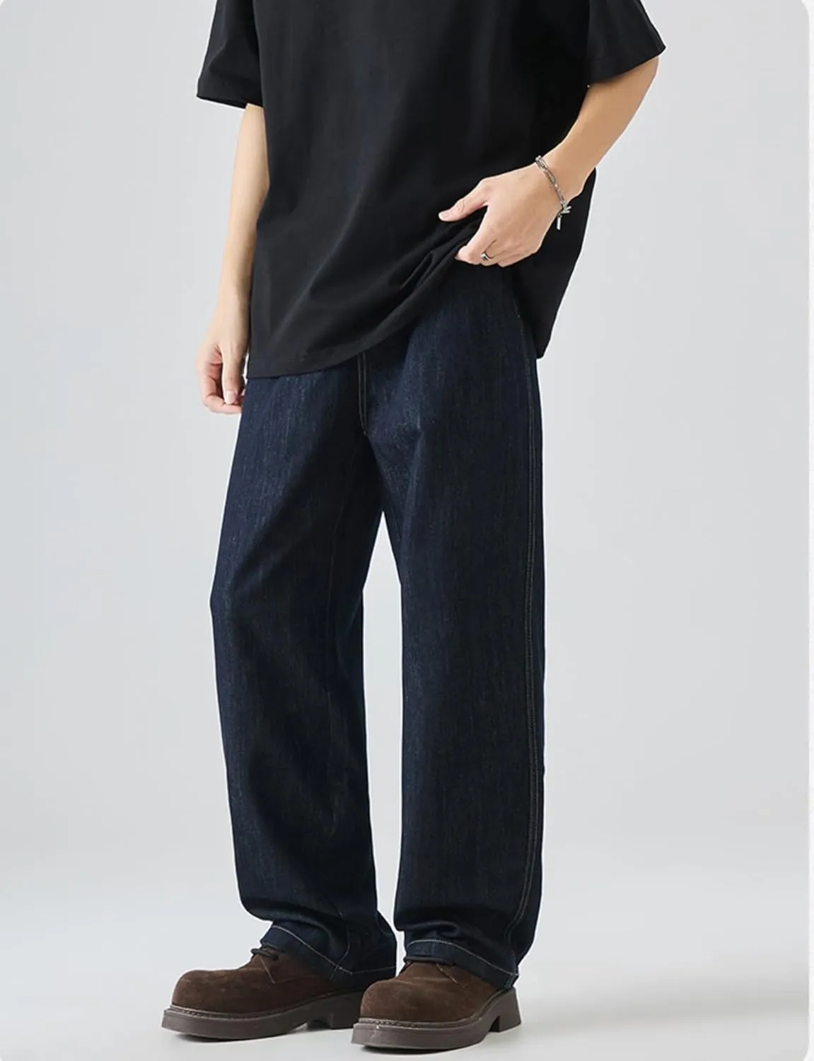 Men's Straight Jeans Casual Loose Wide Leg Vintage Fashion Relaxed Long Denim Pants with Pockets