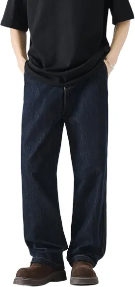 Men's Straight Jeans Casual Loose Wide Leg Vintage Fashion Relaxed Long Denim Pants with Pockets