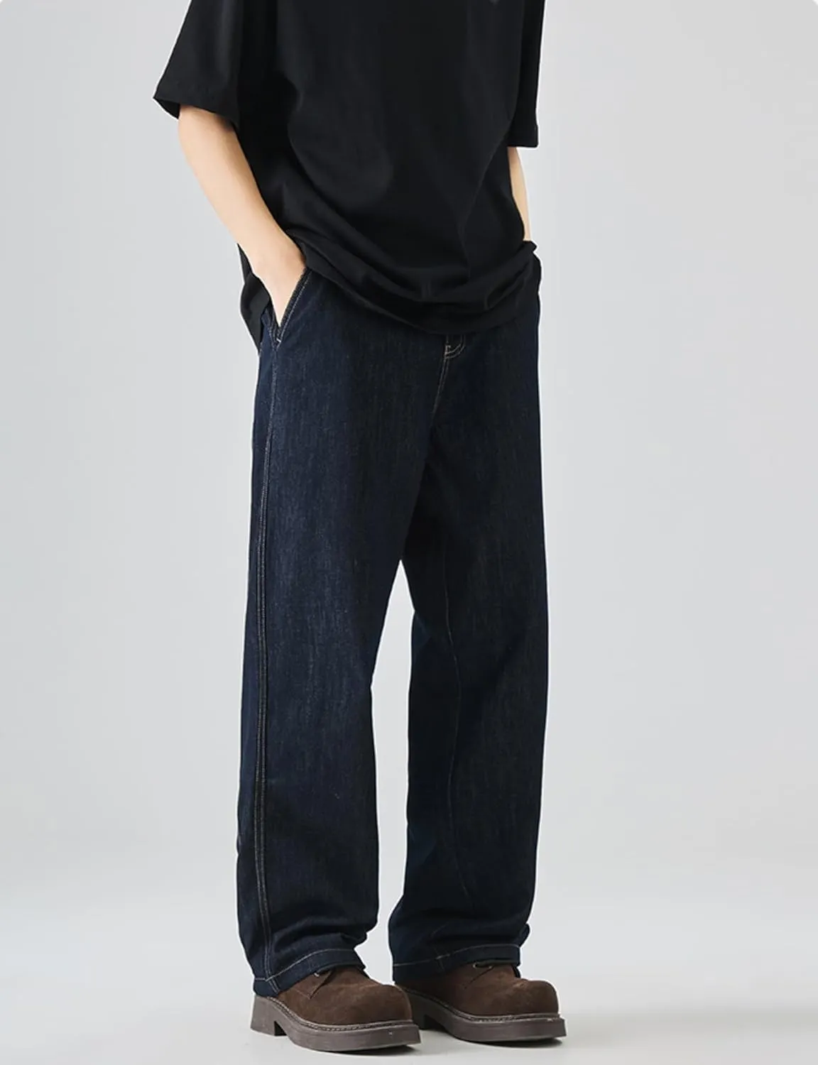 Men's Straight Jeans Casual Loose Wide Leg Vintage Fashion Relaxed Long Denim Pants with Pockets