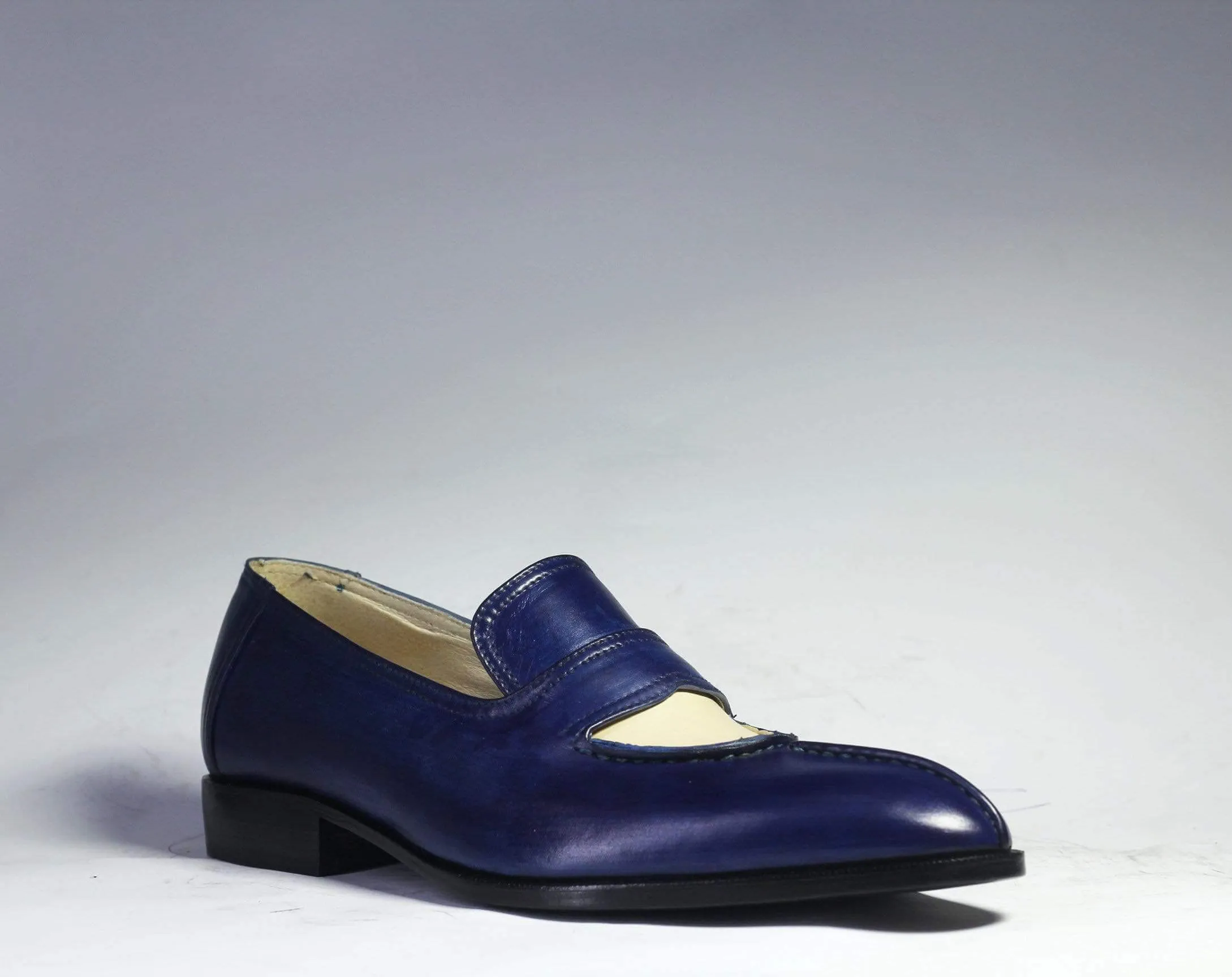 Men's White Blue Split Toe Leather Loafers
