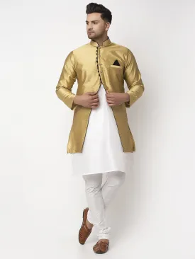 Men's White Kurta With Pyjama & Gold Self Design Jacket - Benstoke