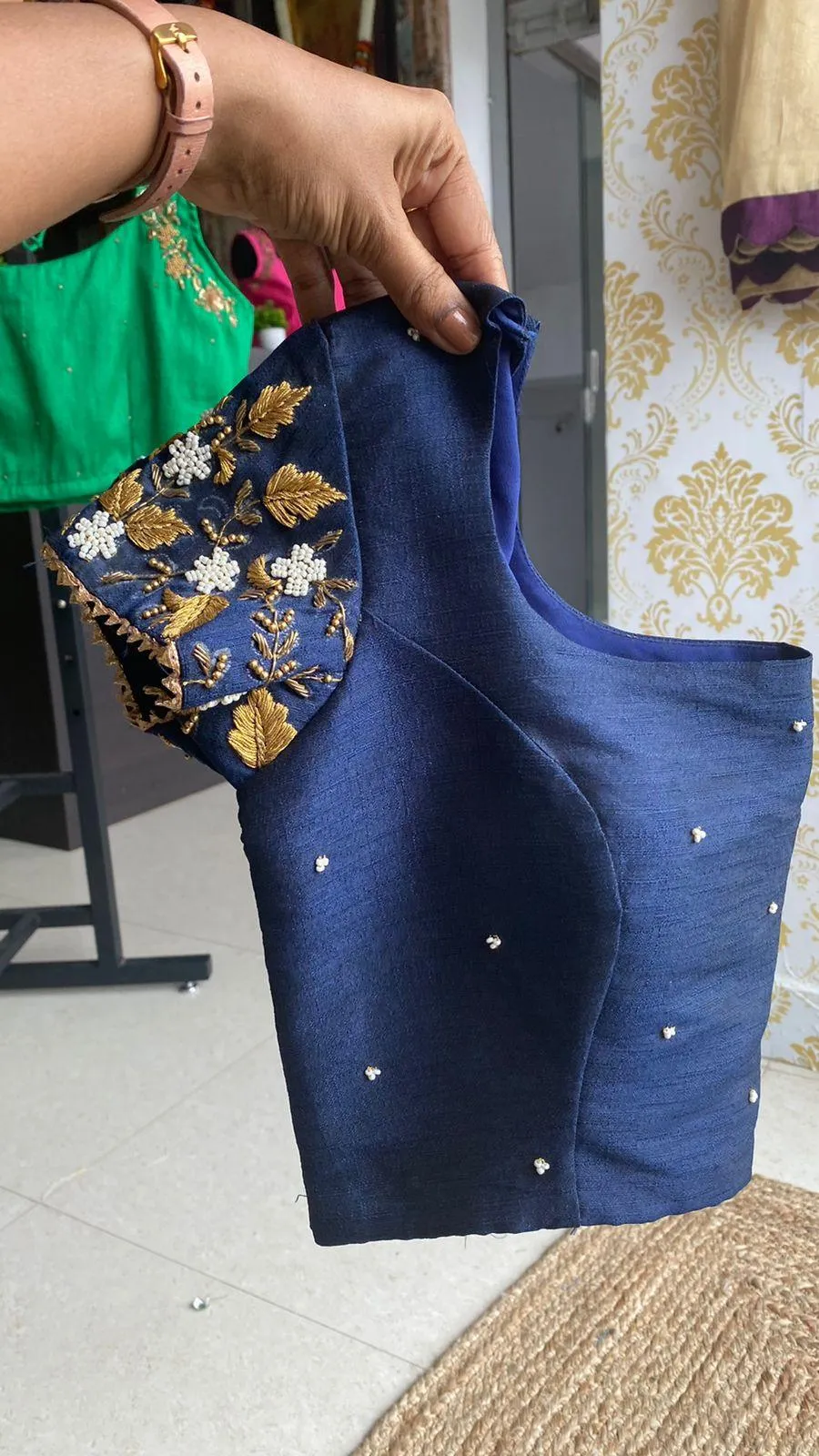 Midblue silk embroidery hand worked blouse