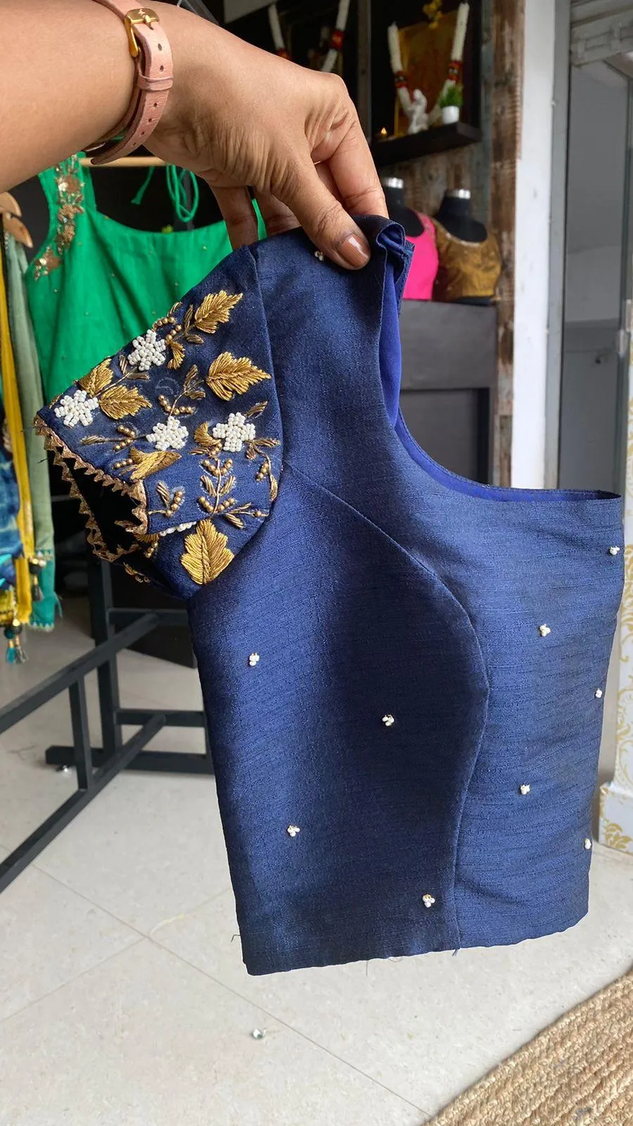 Midblue silk embroidery hand worked blouse