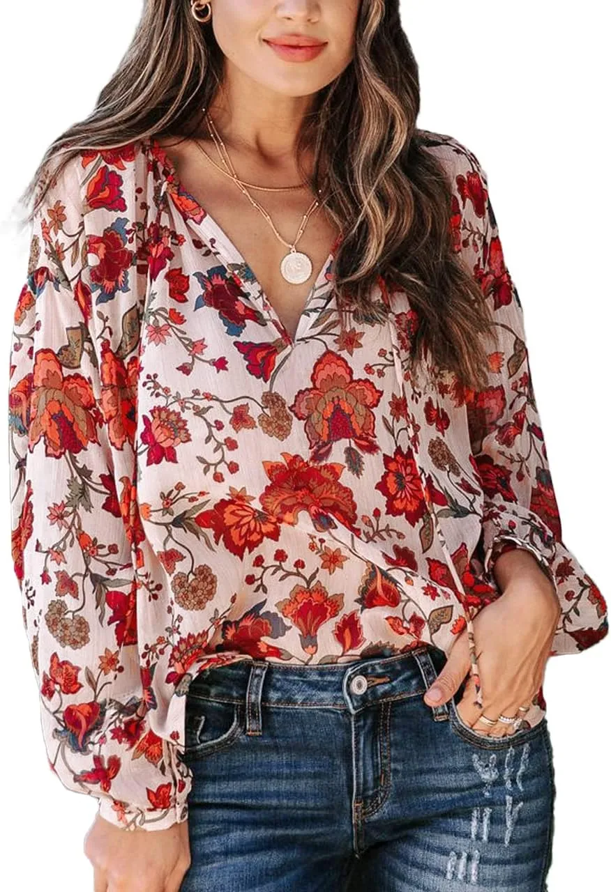 MLEBR Womens Blouses Fashion Long Sleeve V Neck Loose Casual Floral Leopard Printed Chiffon Blouses Tops and T Shirts