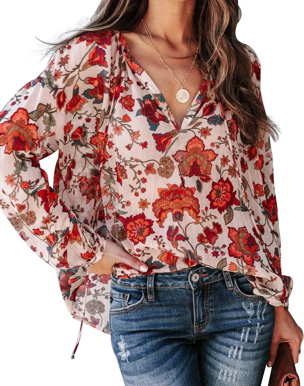 MLEBR Womens Blouses Fashion Long Sleeve V Neck Loose Casual Floral Leopard Printed Chiffon Blouses Tops and T Shirts